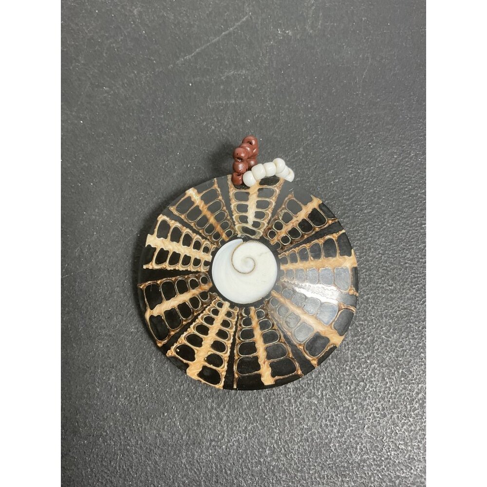 Wood & Shell Round Pendant With Beaded Loop